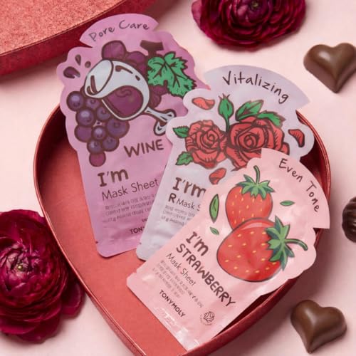 TONYMOLY Sweetheart Sheet Mask Gift Basket Stuffers – 12 Pack Korean Hydrating Face Masks with Strawberry, Rose & Red Wine, Cute Valentine’s Day Gifts for Gift Baskets, Care Packages & Galentines