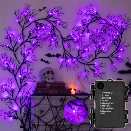 Purple Bat Halloween Vine Lights - 9 Ft, 8 Modes, Timer, Waterproof Indoor Outdoor Decor