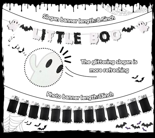Black Little Boo Halloween Baby Milestone Banner - Glitter Ghost Photo Decoration for 1st Birthday