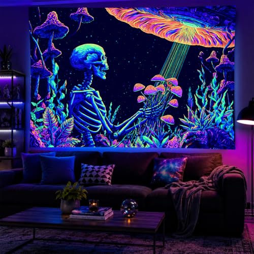 Skeleton UFO Blacklight Tapestry - Psychedelic Gothic Wall Backdrop 78x59 Inch
