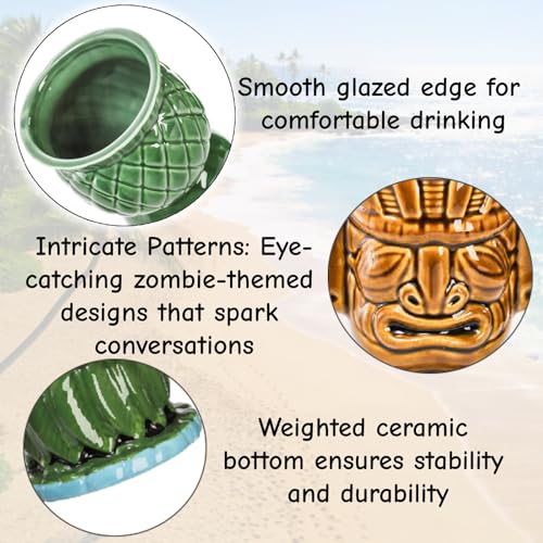 Ceramic Tiki Mug Set - Large Hawaiian Zombie Cocktail Tumblers - 4 Pack