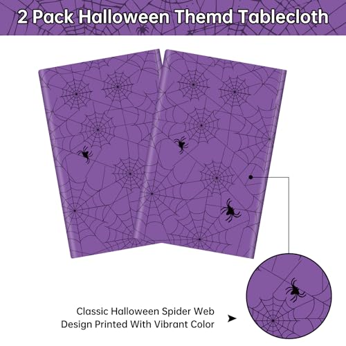 Purple Halloween Spider Web Tablecloths - 2 Pcs Disposable Rectangular Cover, 108 x 54 Inches