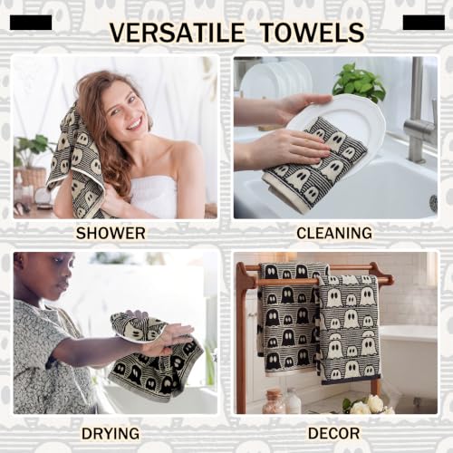 Breling Halloween Cute Ghost Hand Towels Set - Black White Vintage Design, 2-Pack