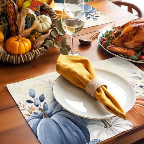 Blue Pumpkin Fall Placemats Set of 4 13x19 Inch Autumn Table Decor Washable