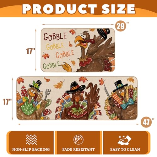Thanksgiving Kitchen Rugs Set of 2 - Fall Holiday Door Mats for Indoor & Outdoor