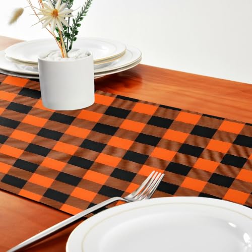 Double-Sided Thanksgiving Halloween Buffalo Plaid Table Runner 18x72 Inches - Black Orange Decor
