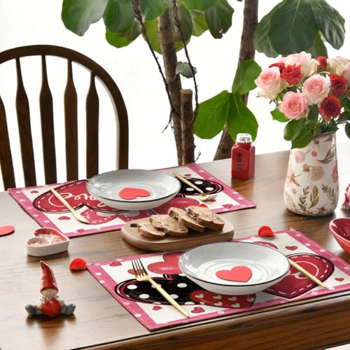 Pink Valentine's Dot Hearts Love Placemats Set of 4 - 12x18 Inch Rectangular Table Mats