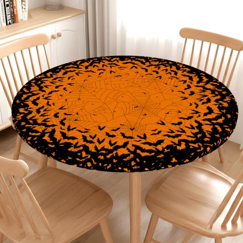 Halloween Bat Fitted Tablecloth 44 Inch Round Waterproof & Stain-Resistant Halloween Decor