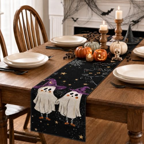 Halloween Table Runner 72 Inches Black with Cute Ghosts & Cats - Variation of THIS listing