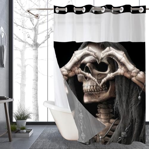 No Hook Halloween Skull Shower Curtain with Snap-In Liner - Gothic Skeleton Bathroom Decor - Axkl Variation