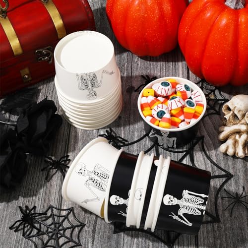 Halloween Skeleton Snack Cups - 50 Pack 8oz Disposable Black & White Party Bowls