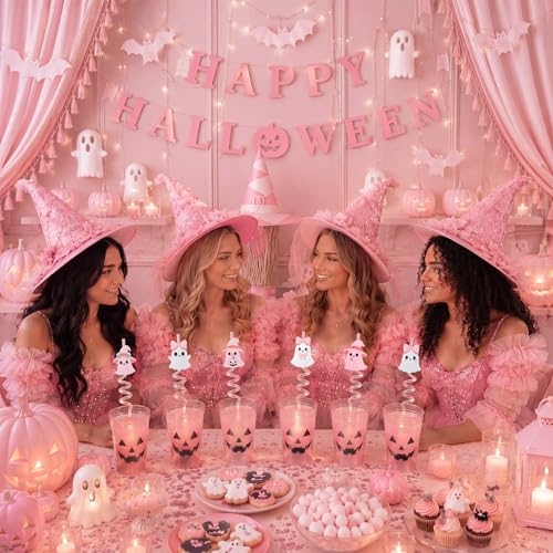 24 Pcs Pastel Ghost Halloween Reusable Glitter Drinking Straws - Cute Party Supplies