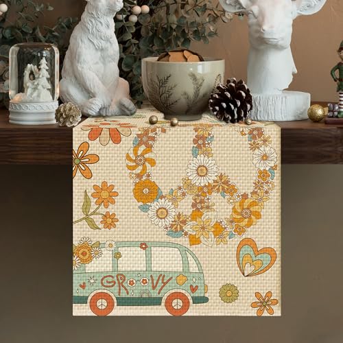 Peace Love Flower Linen Table Runner - Farmhouse Floral Decor for Kitchen & Dining