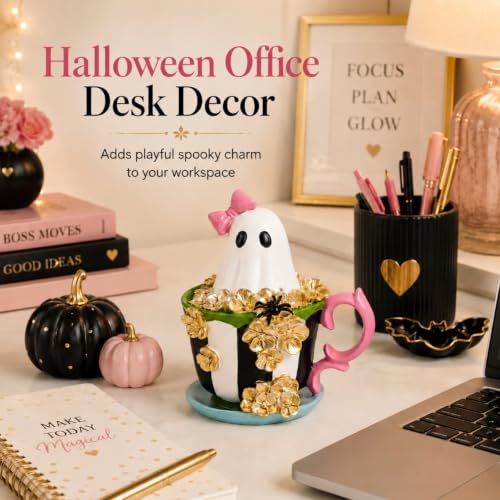 Black Ghost Figurine in Coffee Cup Halloween Decor - 5.5 Inch Resin Spooky-Cute