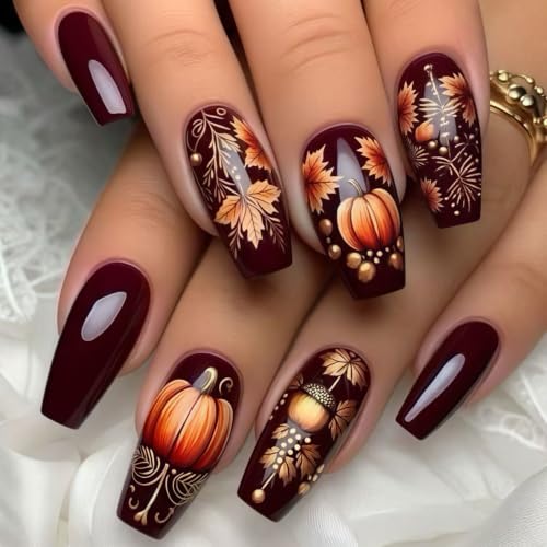 Halloween Press On Nails Medium Square Gradient Brown with Maple Pumpkin - Style19