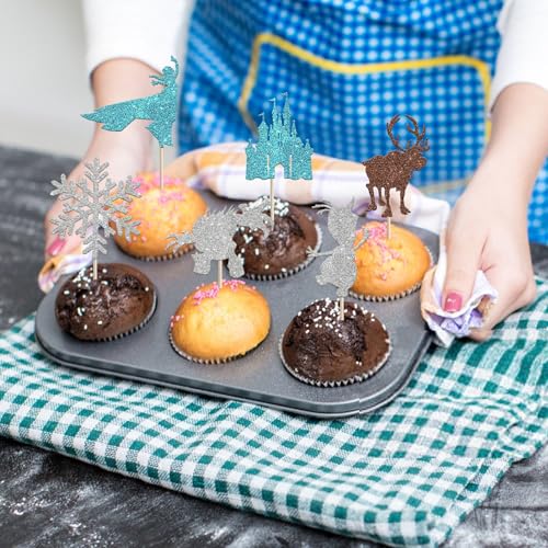 Snowflake Cupcake Toppers Set - Design 13 Winter Frozen Party Decorations (24 Pack)
