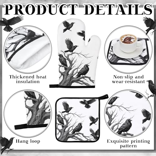 Halloween Crows Kitchen Towels Oven Mitts Pot Holders Set - Black Gray White