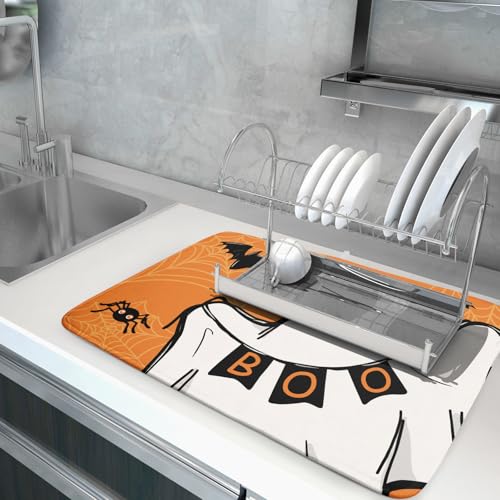 Halloween Dish Drying Mat - Boo Orange Ghost & Bats, 24x18 Inches, Reversible Microfiber Kitchen Protector