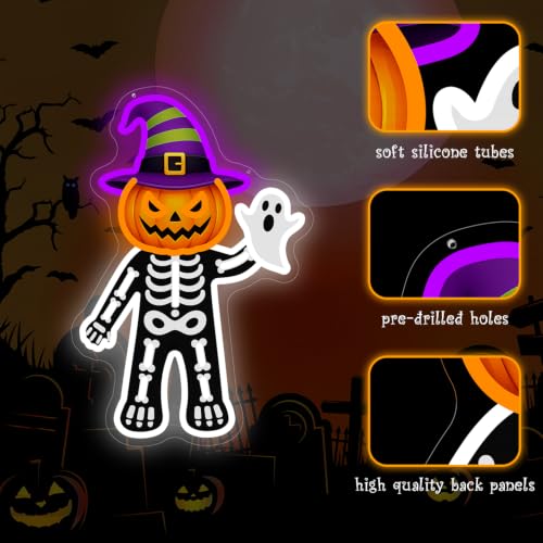 Pumpkin Skeleton Halloween Neon Sign - Ghost LED Wall Decor, Dimmable, USB Powered
