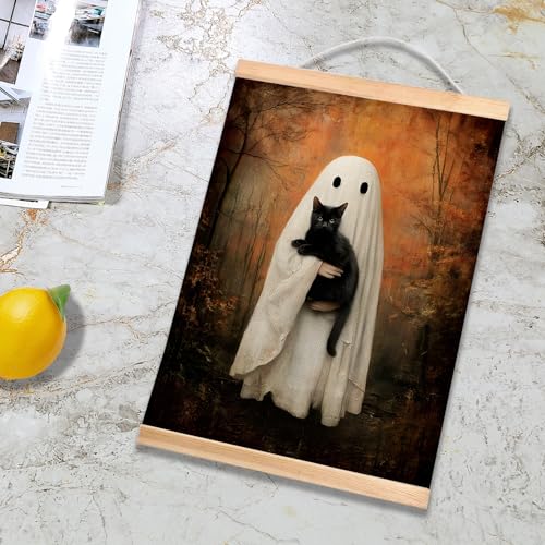 Gothic Ghost and Black Cat Wall Art Poster - Rustic Linen Canvas 18.5x14 Inch - Black Variation BLK05