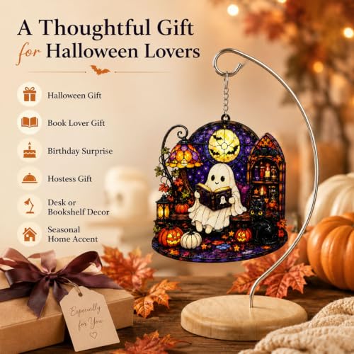 Ghost Reading Halloween Desk Ornament - Spooky Cute Ghost Decor with Stand, Indoor Holiday Gift