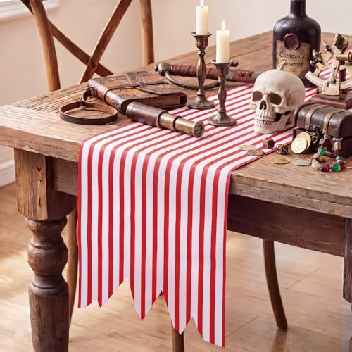 Pirate Table Runner Halloween Decorations Red White 71x12 Inches - Pirate Party Supplies