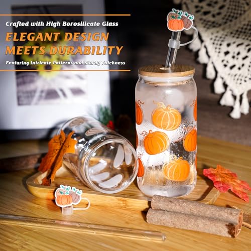 ANOTION Fall Glass Mug with Color Changing Pumpkin Design, Lid & Straw - 18oz Variation 1