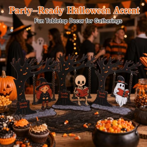 Wooden Halloween Tabletop Decorations Set with Swinging Motions - 3 Pieces