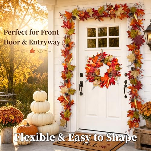 6FT Autumn Maple Leaf Garland with Pumpkins Pinecones & Berries - Fall Decor for Thanksgiving & Farmhouse Style