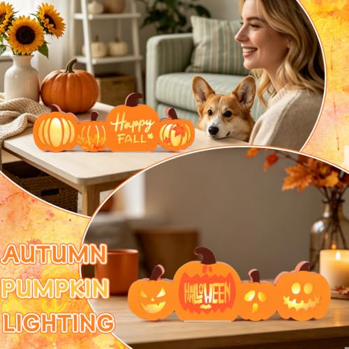 Reversible Wooden Halloween & Fall Pumpkin Decor with Warm LED Light