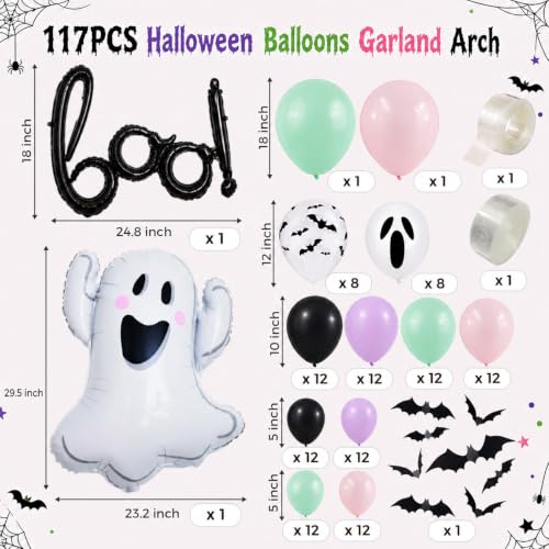 Halloween Balloon Garland Arch Kit with 3D Bat Stickers and Ghost Balloons - Black Green Purple Pink Variation