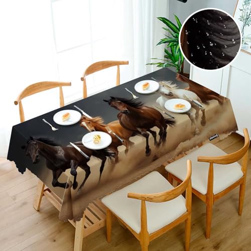 Horse Tablecloth 52x70 Inch Rectangular Desert Sand Herd Run Decor - Washable Plaid