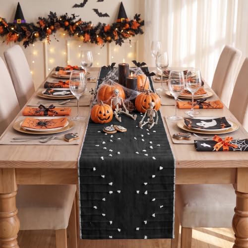 Black Farmhouse Cotton Woven Table Runner 12x60 Inch for Fall Halloween Holiday Dining