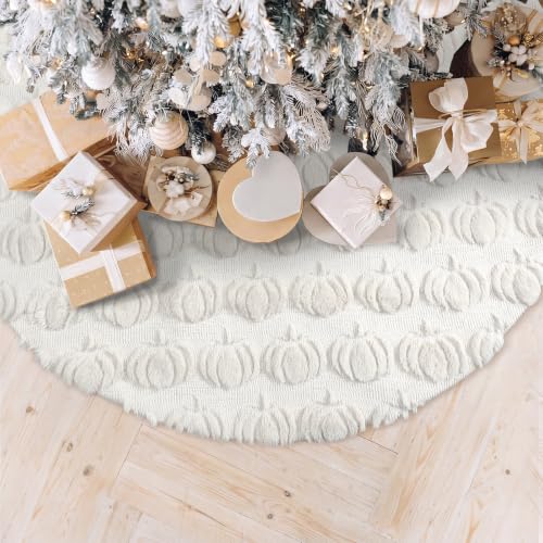 48 Inch Fall Tree Skirt Cream White Plush with 3D Pumpkins - Seasonal Decor