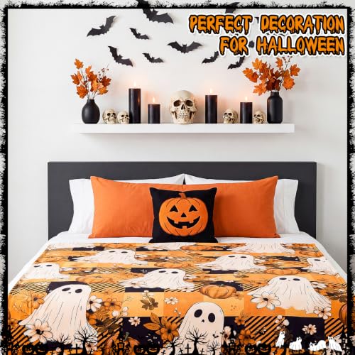 Halloween Throw Blanket 50x60 Inches - Orange Plaid Ghost Pumpkin Fleece Cozy Decor