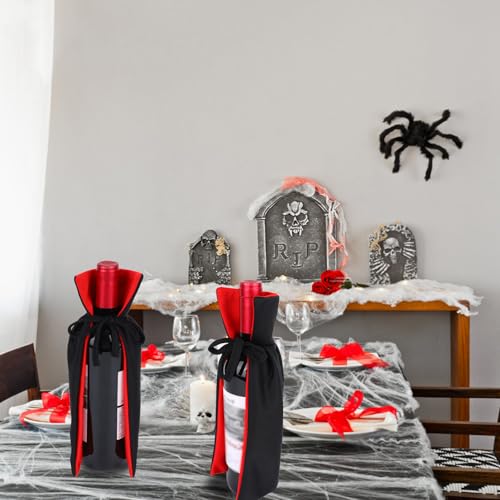 Halloween Vampire Cape Wine Bottle Covers - Reversible Knit Fabric Decorations, Set of 2