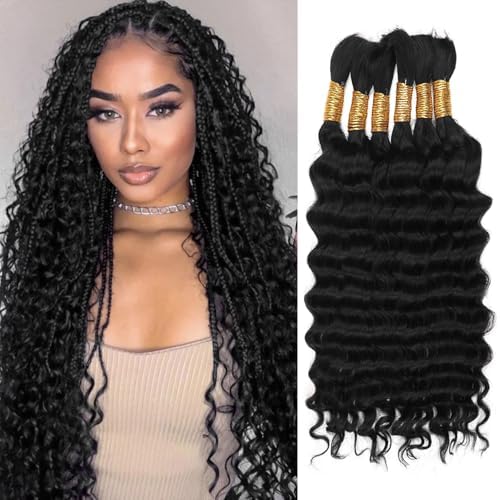 Human Braiding Hair for Boho Braids Human Hair 150g 18 Inch Deep Wave Natural Color Boho Braids Human Hair No Weft Boho Human Braiding Hair Curly 6 Bundles/Pack 1B