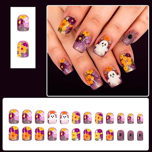 Halloween Press On Nails Short Square Fake Nails - Cute Halloween Ghost Design - Variation of HalloweenDesigns4