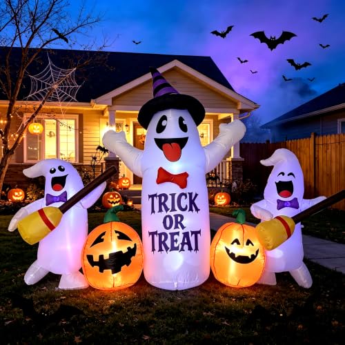 8FT Halloween Inflatable Ghosts with Broom & Pumpkins LED Yard Decor - Black & White