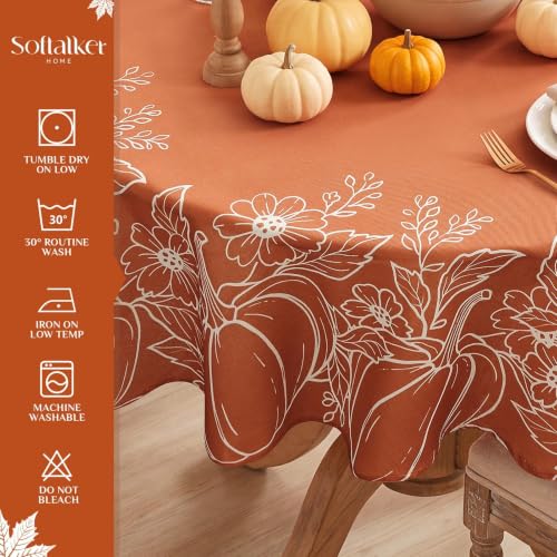 Fall Pumpkin & Leaf Round Tablecloth 70 Inch Water-Resistant Faux Linen