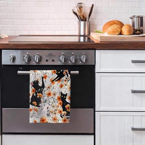 Black Cat Kitchen Towels Set of 4 - 16x24 Orange Floral Hand & Tea Towels