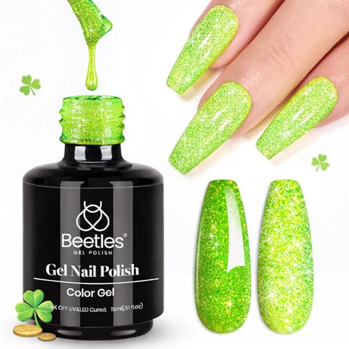 Beetles Green Glitter Reflective Gel Nail Polish - Lime Shock, UV/LED Soak Off, Long-Lasting