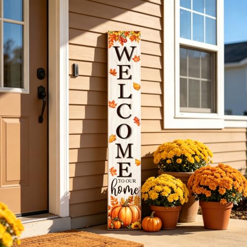 Fall Welcome To Our Home Porch Sign 47 Inches with Pumpkins & Maple Leaves - White Variation