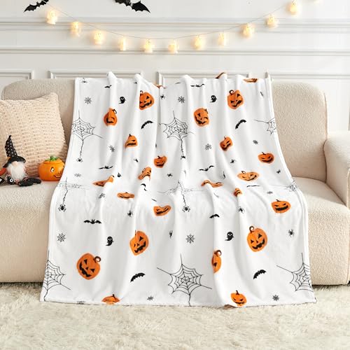 Halloween Throw Blanket 50x60 Inches - Spooky Pumpkin Bat Web Print Cozy Fuzzy Blanket for Couch Bed Kids & Adults - Variation of THIS listing 03 White