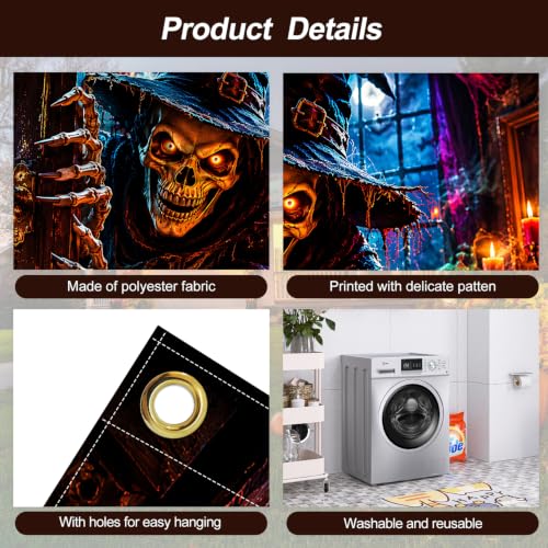 Gothic Halloween Garage Door Banner 7x16ft - Spooky Skeleton Wizard Outdoor Decoration - Halloween House Front Tapestry - Variation 263