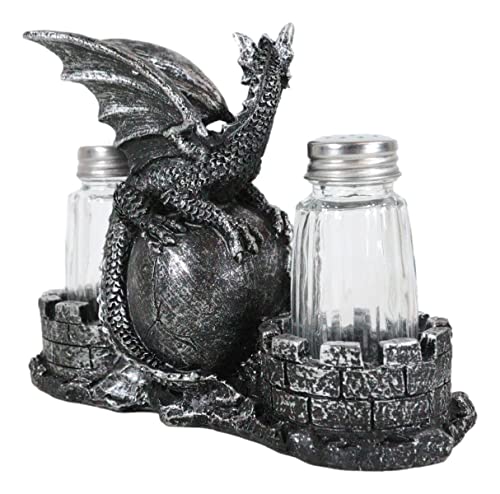 Gothic Dragon Salt and Pepper Shaker Set with Skull and Castle Decor