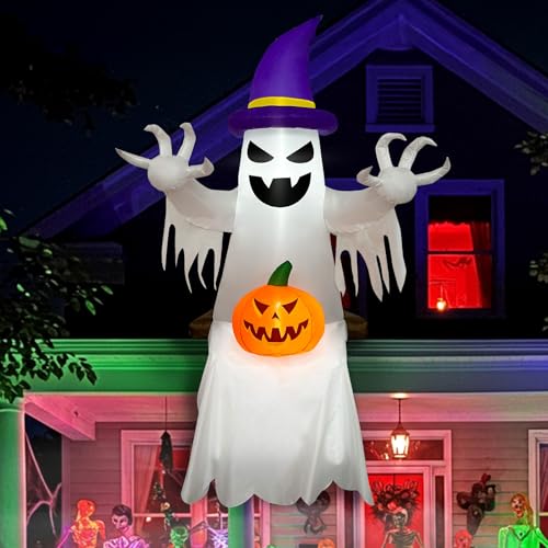 8 FT Ghost Inflatable Halloween Decorations with Witch Hat & Pumpkin - Spooky Yard Decor
