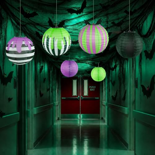 Halloween Paper Lanterns Set - 12 Black, Purple, Green Striped Decor, 10 Inch