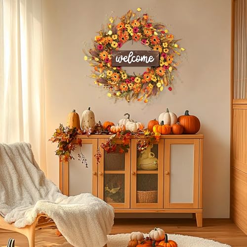 Fall Wreath for Front Door - 26 Inch Autumn Decor with Orange Daisy - Welcome Sign - Variations: Orange Daisy/Welcome Board