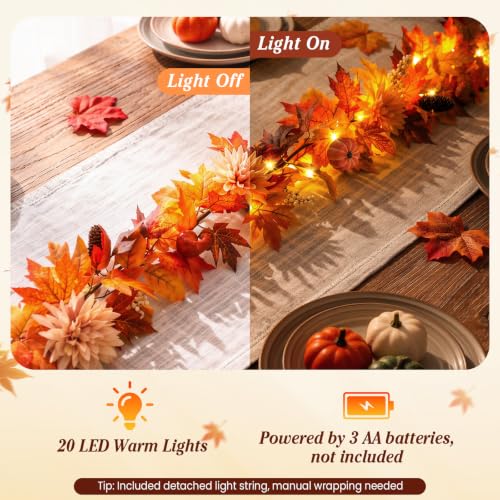 Burnt Orange Fall Garland with Lights - 6ft Autumn Decor with Fruits & Dahlia
